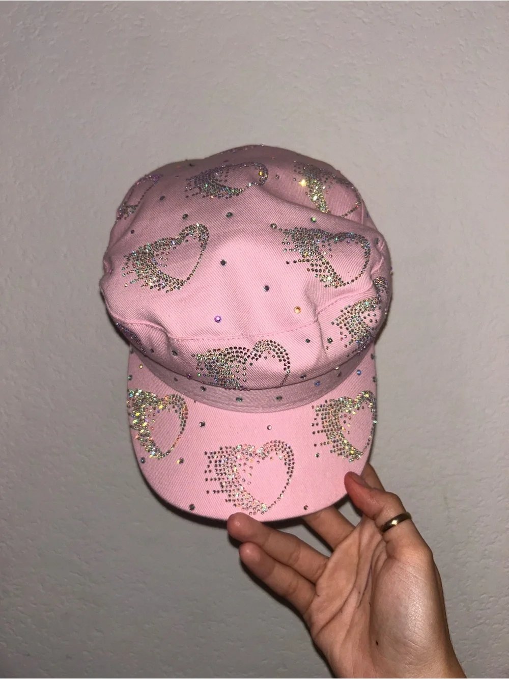 Pink Y2K Rhinestone Heart Cadet Hat